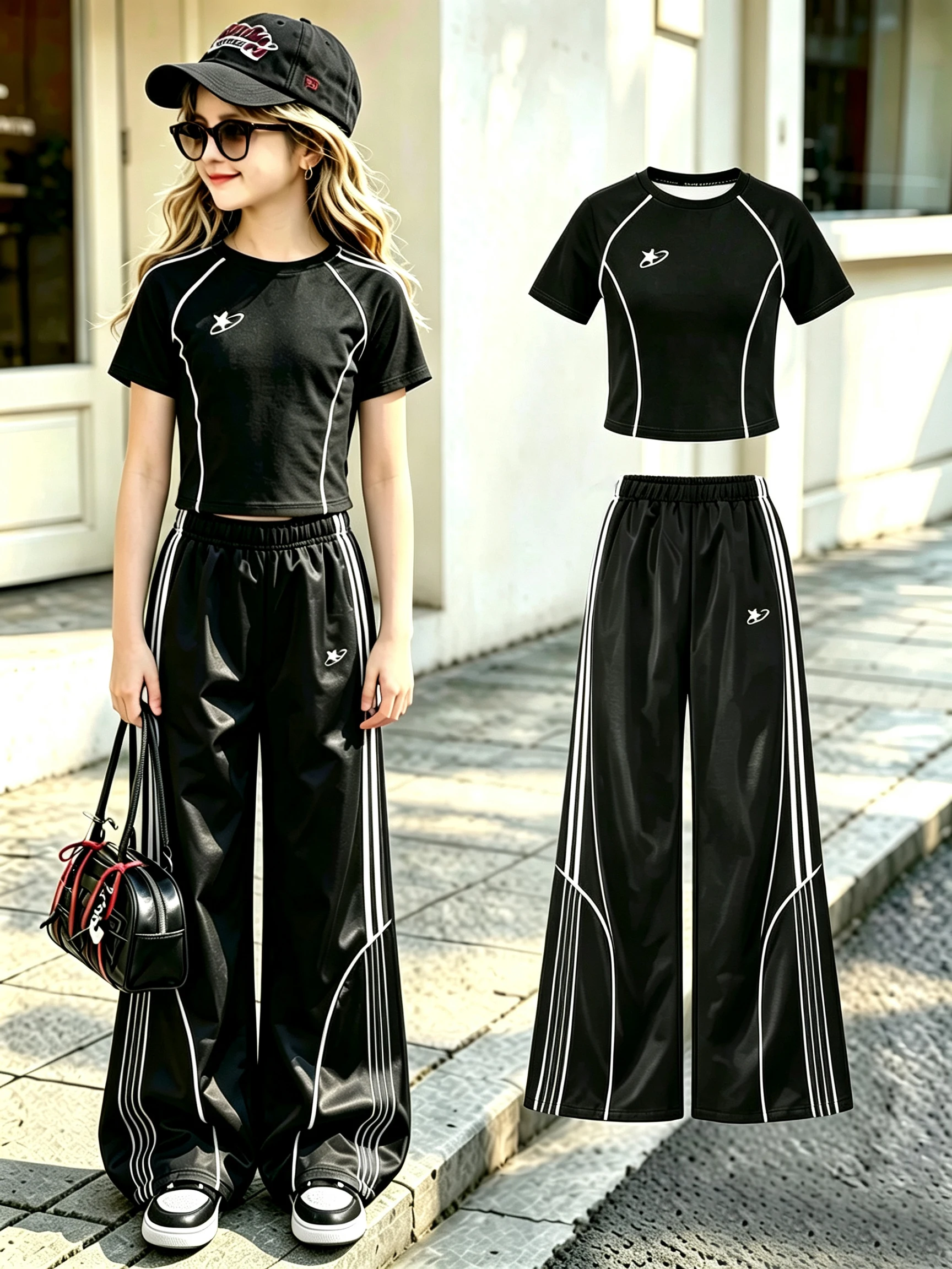 Girls' fashion pants set for spring and summer, outdoor casual striped star pattern long-sleeved wide-leg pants for girls