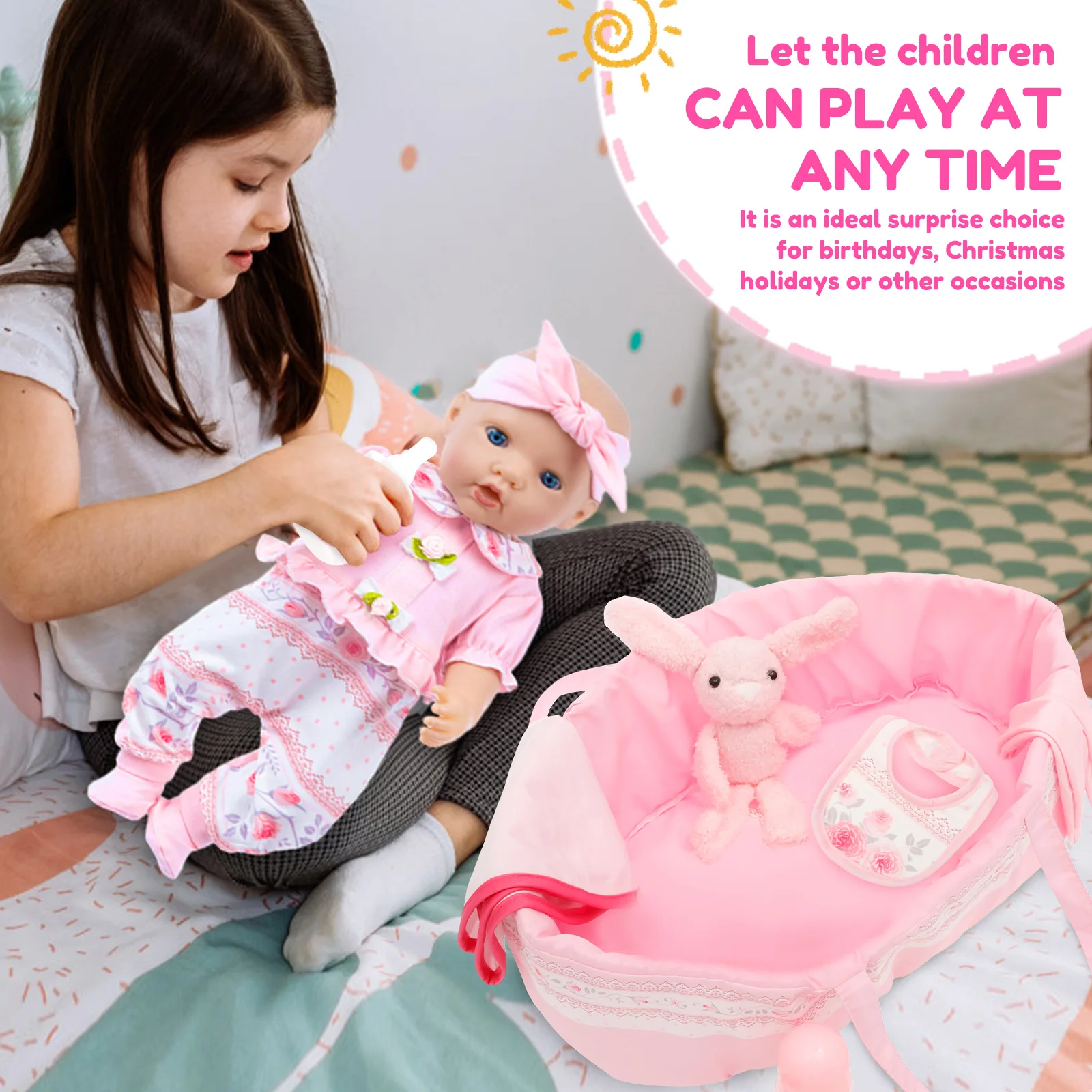 10-teiliges Puppenkleidungsset, tragbares Babypuppenzubehör mit Stubenwagen, Windel, Schnuller, Babyflasche für Kinder, Kleinkinder, Mädchen, Jungen