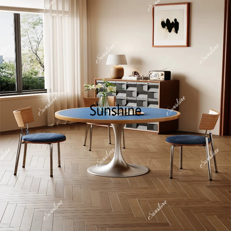 Used Round Dining Table for Families, Blue Solid Wood, Small Apartment, Stainless Steel