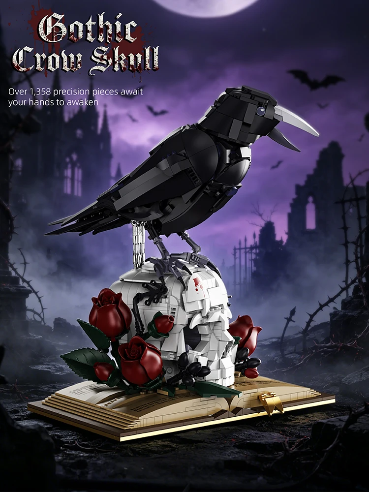 Gotischer Krähenschädel MOC Bausteine DIY 3D-Modell Rosenbuch Bausteine Heimdekoration Ausstellungsstück Kunst Sammlerstück Halloween-Geschenke für Kinder und Erwachsene 1358 Teile Kreative Bausteine
