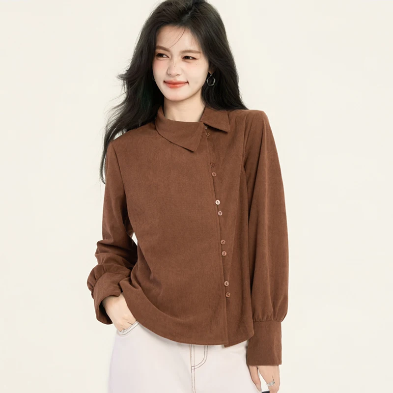 

2025 Autumn Winter New Corduroy Women Blouse Shirt Vintage Irregular Long Sleeve Casual Shirt Tops Female Casual Clothing