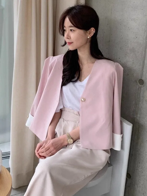 

Chic Pearl Buttoned Loose Fit Women's Sweet Cuffed Sve Trendy Single Button Casual Sle Long Sve V-Ne Blouse