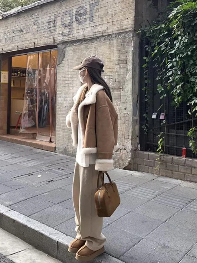 Einzigartiger Thiened Lamb Fur Ort Jaet Damen Herbst Winter Vintage Kleiner lockerer High Faion Motorrad Baumwollmantel