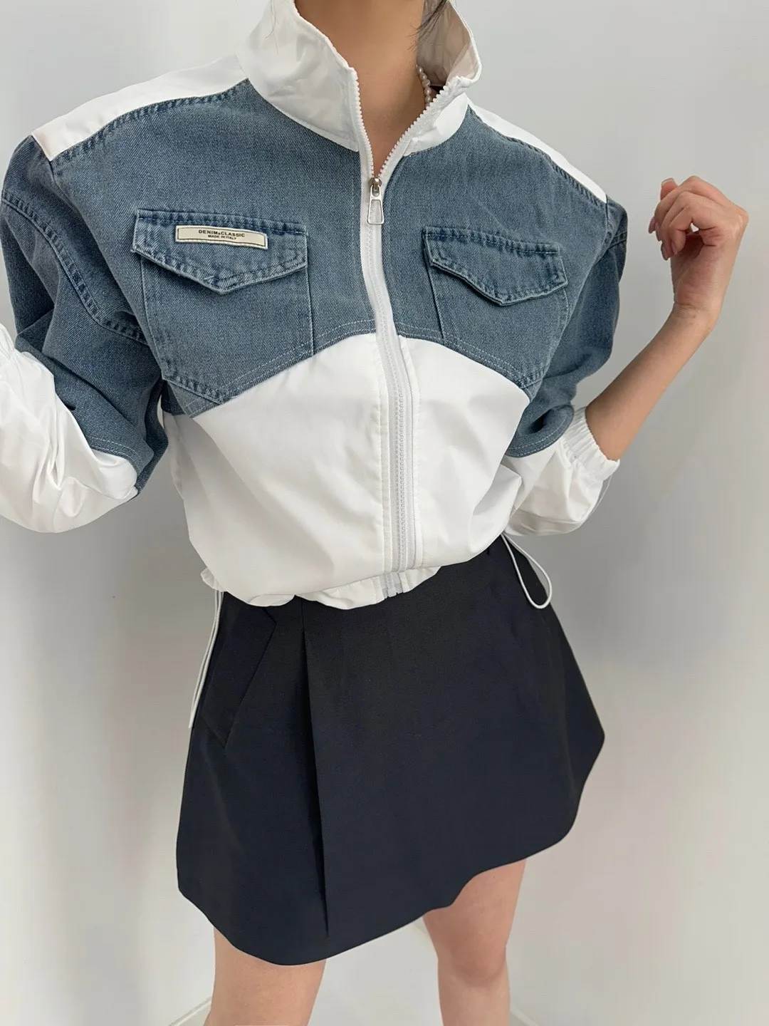 Splicing color denim jacket for women 2024 Spring and Autumn new Korean version slimming contrasting color splicing jacket top