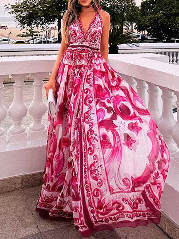 

2024 Loungewear Deep V-Neck Print Maxi Dress, Women Summer Patchwork Sexy Backless Party Dress, Sleeveless Fashion Ladies Dress