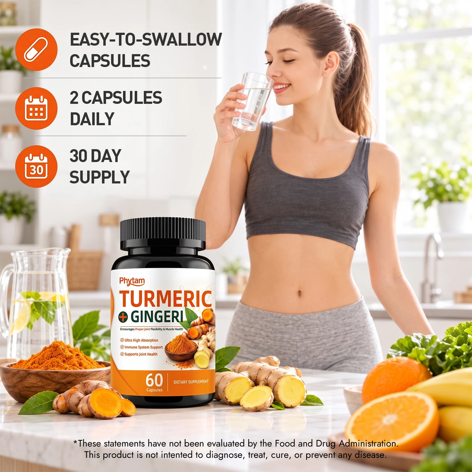 Turmeric Ginger Capsules with Black Pepper 60 Veggie Caps Daily Botanical Dietary Supplement for Joint Body Wellness Support