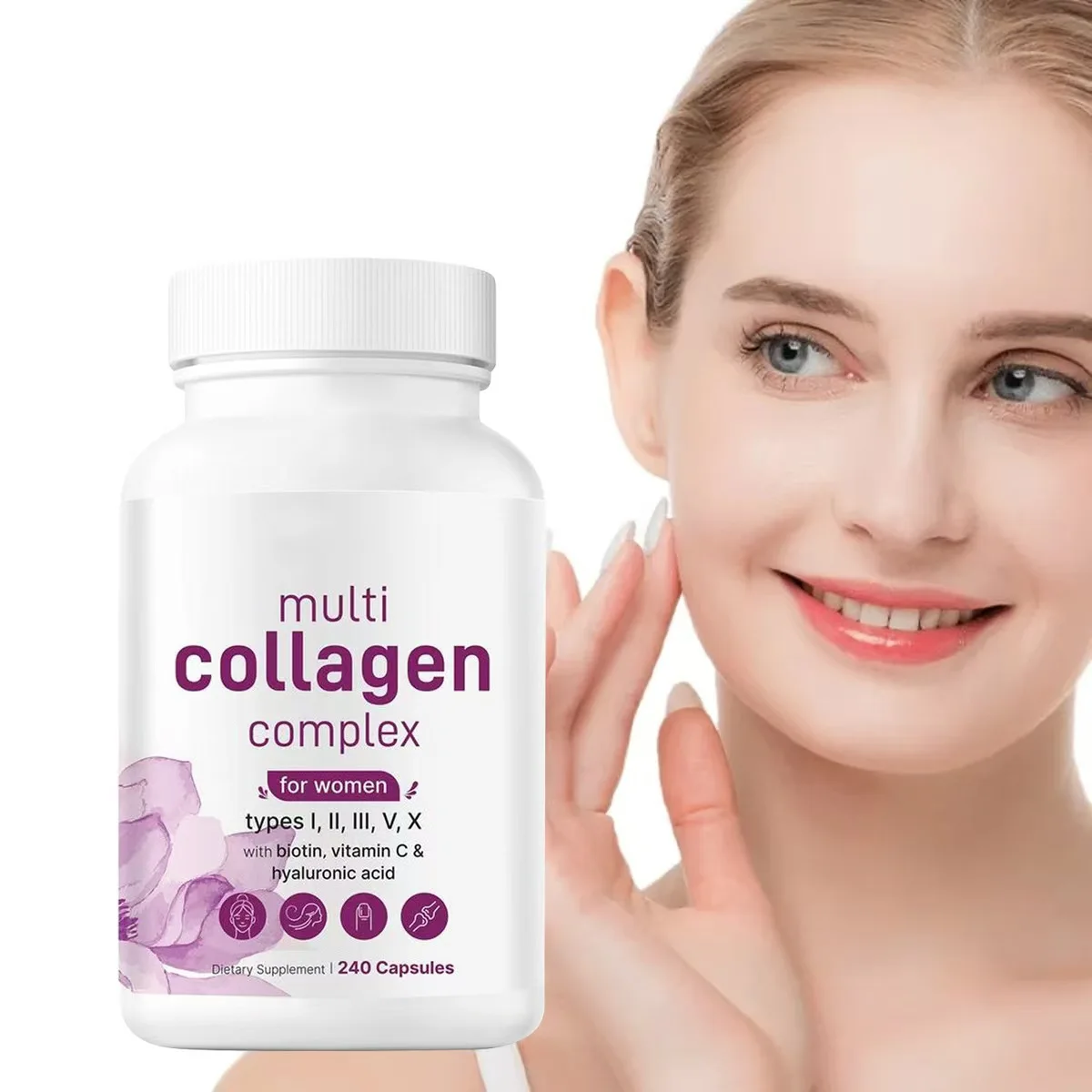 

Multi Collagen Complex Capsules Type I,II,III,V,X for Women Helps Whiten & Brighten Skin, Joints, Nails, Hair Support - 240 Caps