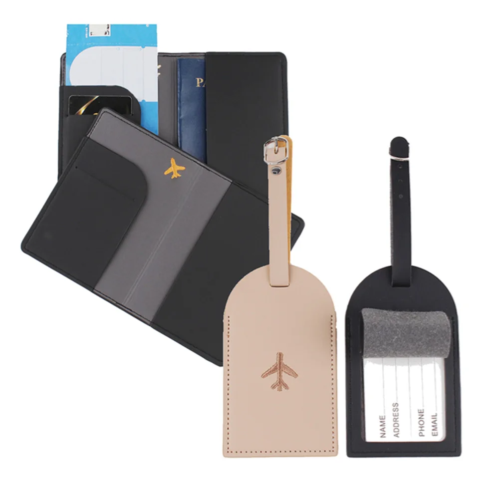 여행용 자수 여권 케이스, 여권 커버 및 수하물 태그 세트, 여성 남성용 PU 가죽 여행 액세서리