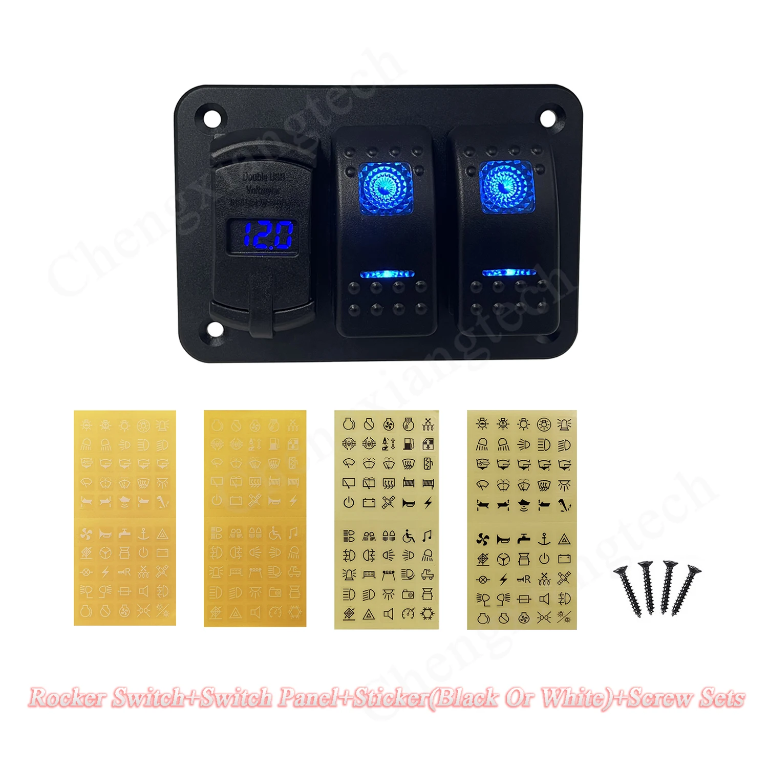 

3 Gang Aluminum Rocker Switch Panel With 12V Blue Led Dual Port USB Charger Voltmeter Socket Carling Style Universal