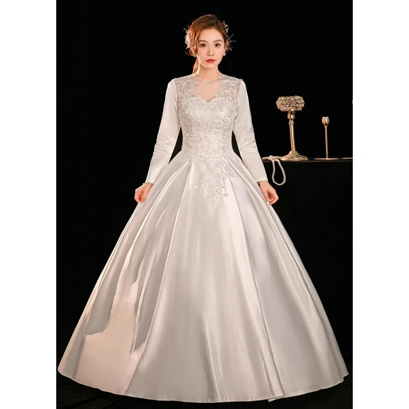 

It's Yiiya Wedding Dress White Satin Appliques O-neck Full Sleeves Lace up Princess Floor-length Plus size Bride Ball Gown XN168