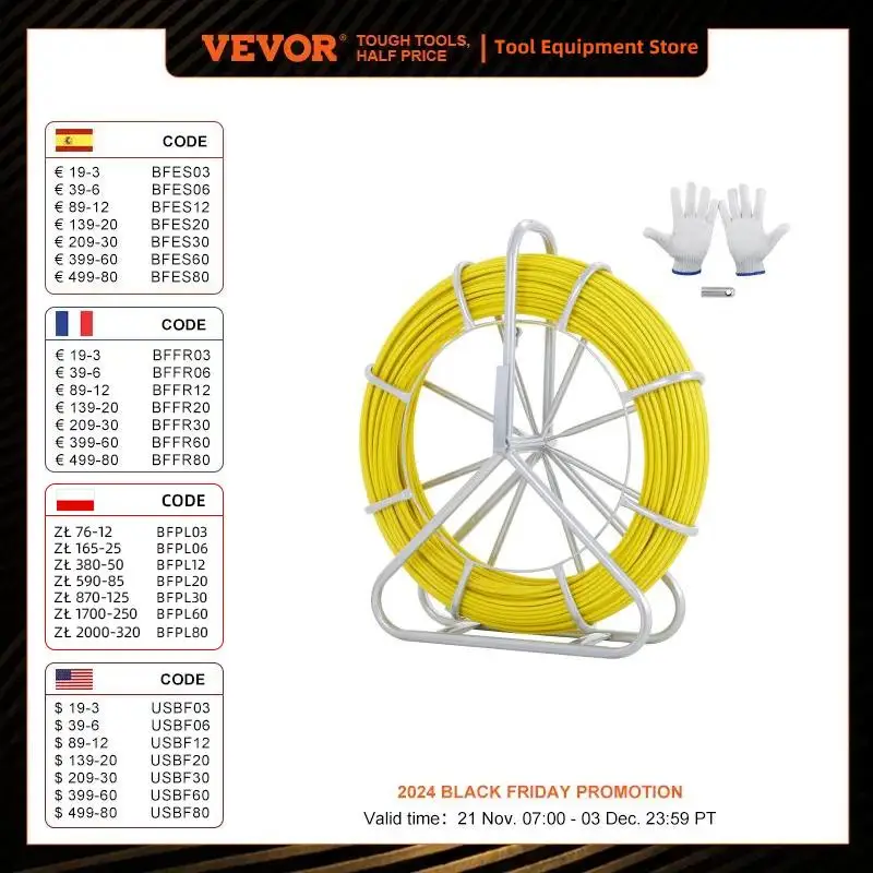 VEVOR Fish Tape Fiberglass 425 ft Duct Rodder Fishtape Wire Puller Fishing Tools for Walls and Electrical Conduit Non-Conductive