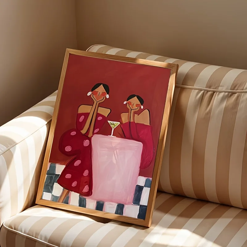 Abstract lady cocktail canvas wall decoration painting, simple home decoration for bedroom and living room, 2D printed poster