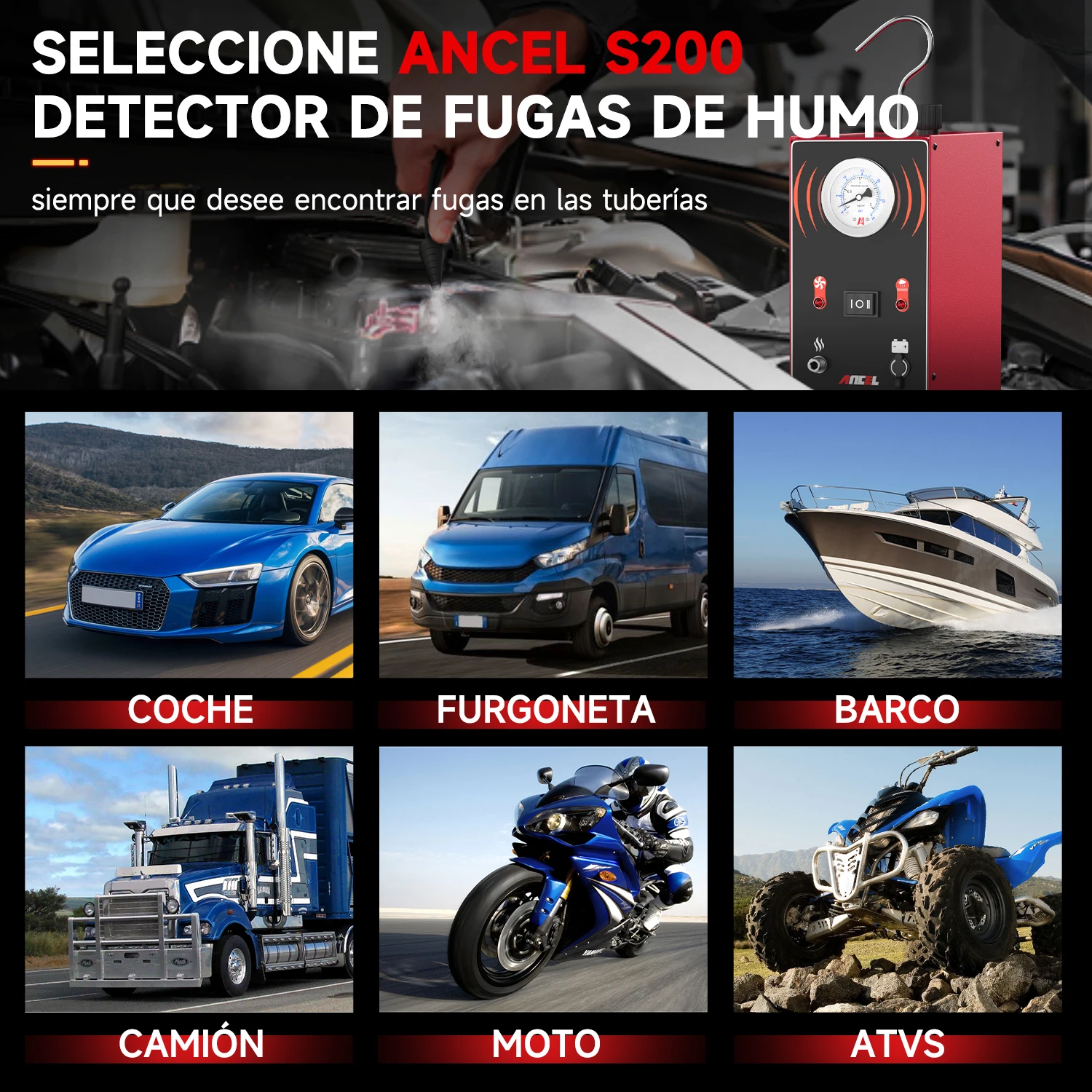 ANCEL S200 EVAP Smoke Leak Detector Oil Fuel Pipe Leakage Locator Vacuum Tester for Car Motorcycle Smoke Machine Diagnostic Tool