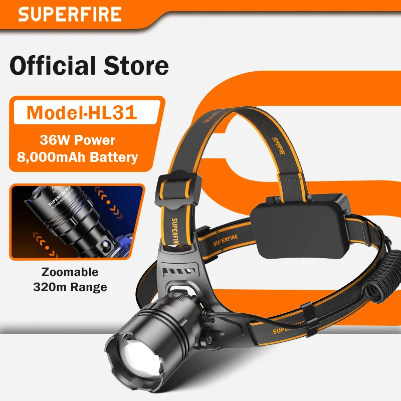 SUPERFIRE HL31 XHP90 LED Headlamp 36W USB-C Rechargeable Head Flashlight Super Bright Zoom Headlight for Camping Fishing Lantern