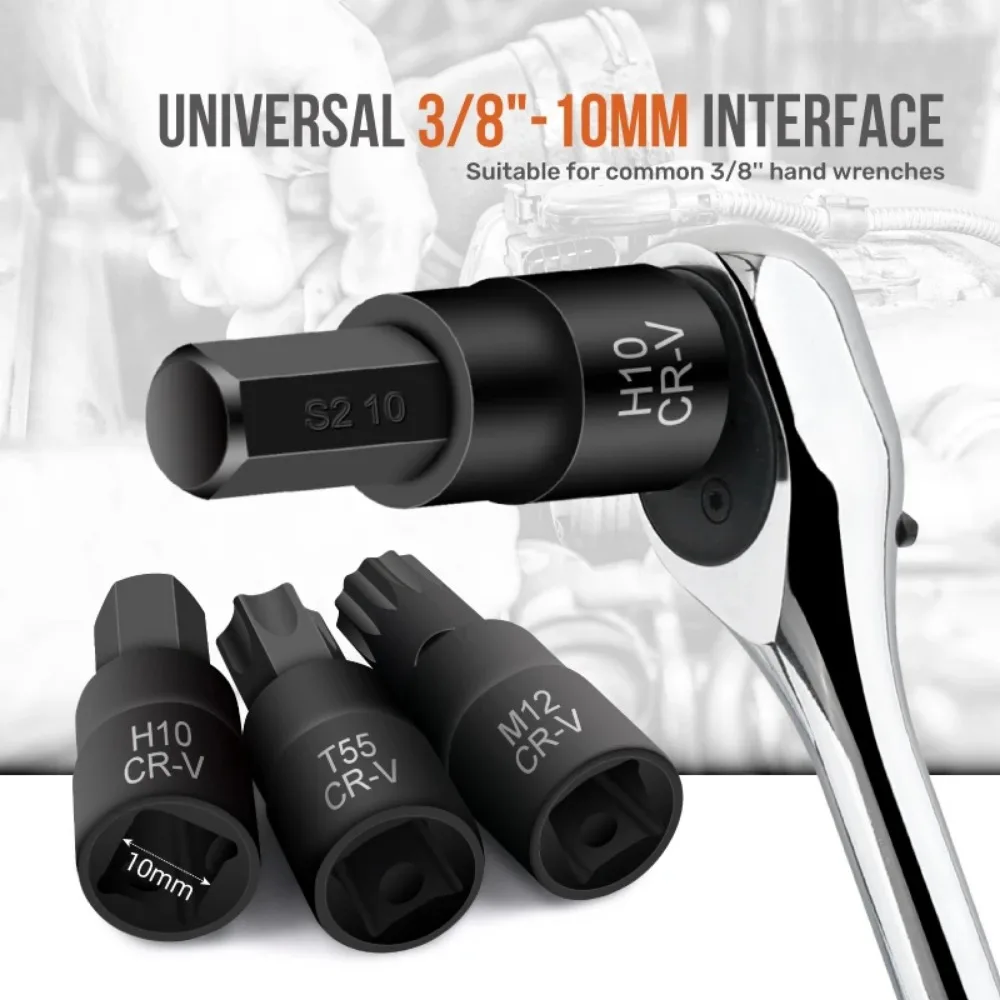 3/8" Drive Hexagonal Socket Set Torx Tool Socket Head Applicable to Manual Wrench S2 Blackened Box Hexagon Bit