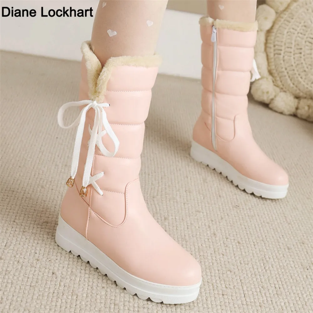 

2025 Winter Warm Pink White Snow Boots Women Shoes Low Heels Mid Calf Boots Female Lace-up Platform Plush Boats Mujer Size 31-42