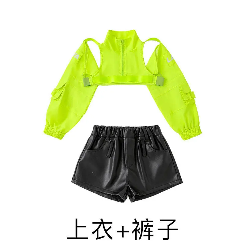 Girls K-pop Off-Shoulder Crop Top And Street Dance Shorts Set Hip Hop Jazz Hot Pants Outfit Children's Group Streetwear 3-16Year
