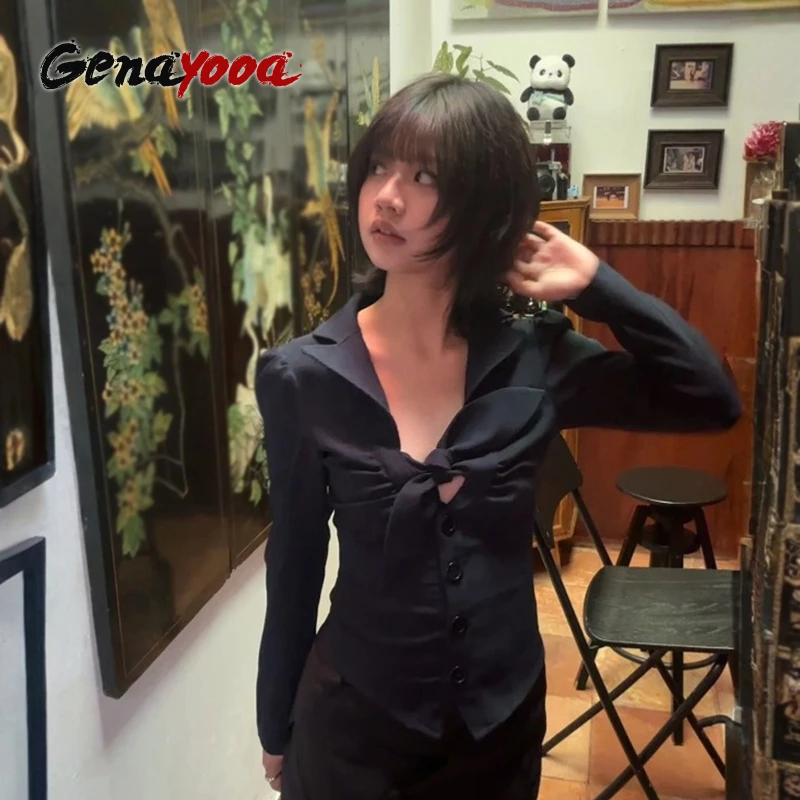 

Genayooa Y2k японская рубашка женская блузка с бантом и рубашка Fairycore винтажные топы уличная одежда 2000-х тонкие рубашки для девочек