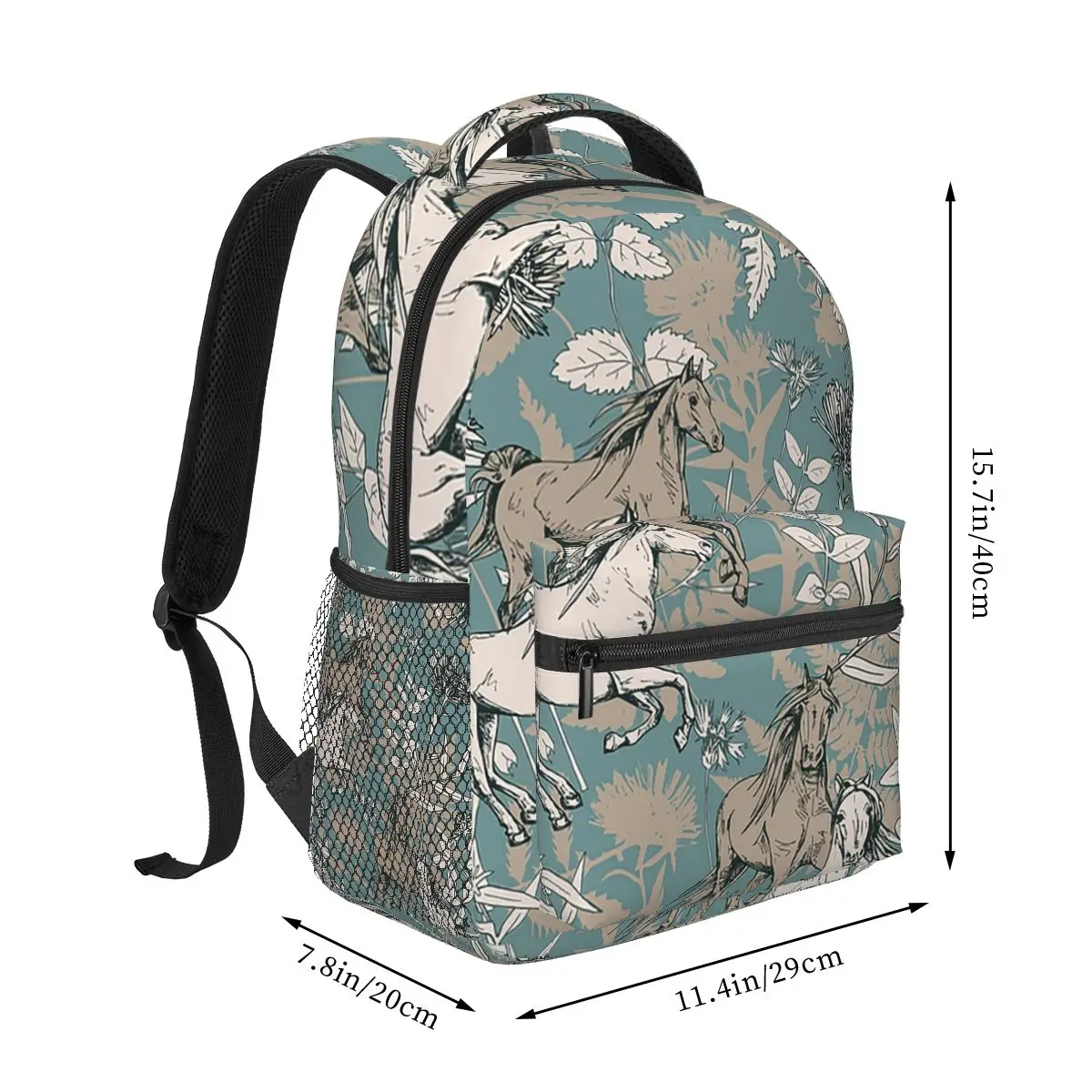 Equestrian Pastel Floral And Horse Student Backpack School Bag Hiking Travel Daypack for Boys Girls Bookbag Shoulder Bags