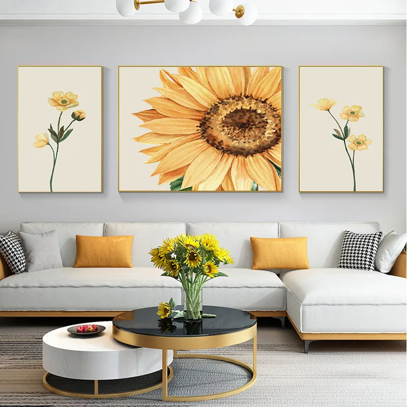 

Nordic small fresh flower decoration living room sunflower triptych canvas painting