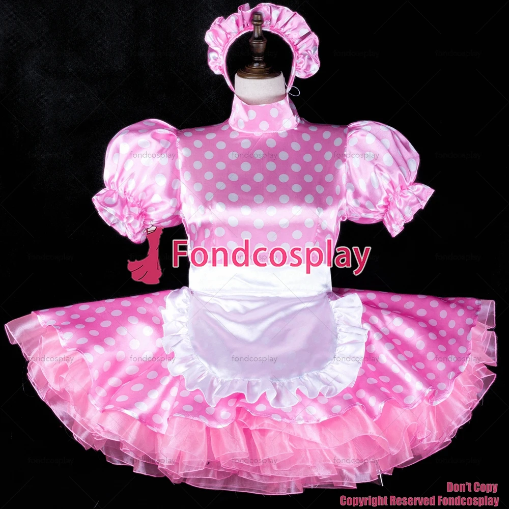 fondcosplay adult sexy cross dressing sissy maid short pink Dots satin dress lockable white apron Uniform CD/TV[G2319]