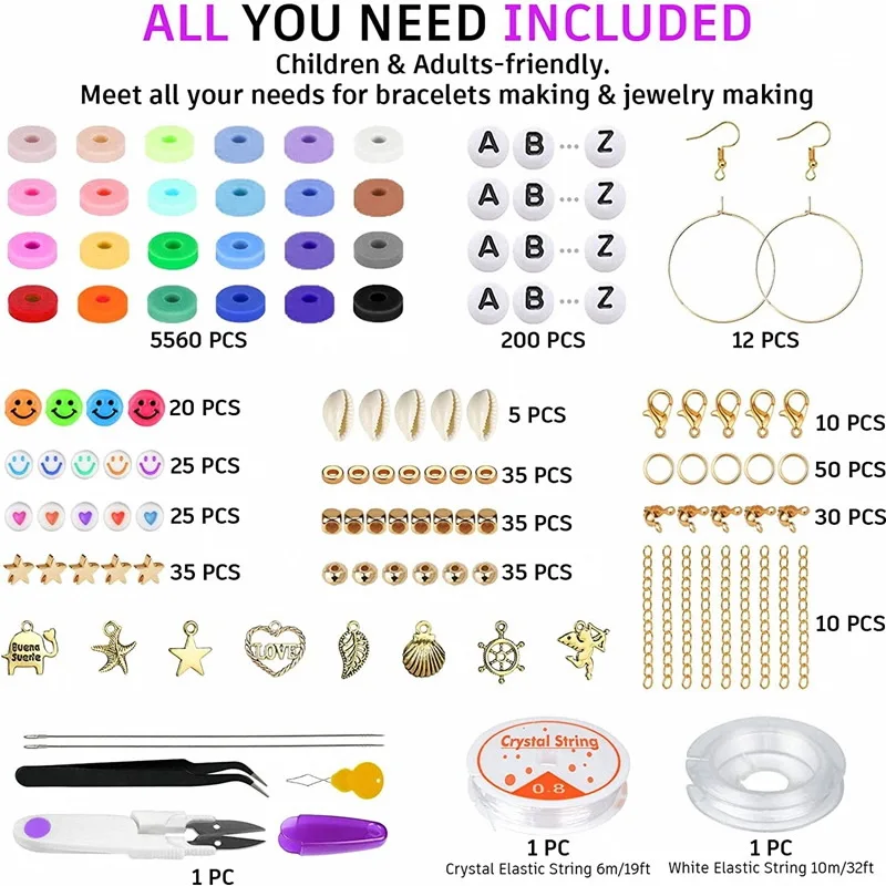 6000 Pcs Clay Beads Bracelet Making Kit Friendship Bracelet Kits Flat Beads for Jewelry Making Bracelet Necklace DIY Crafts Gift view 4