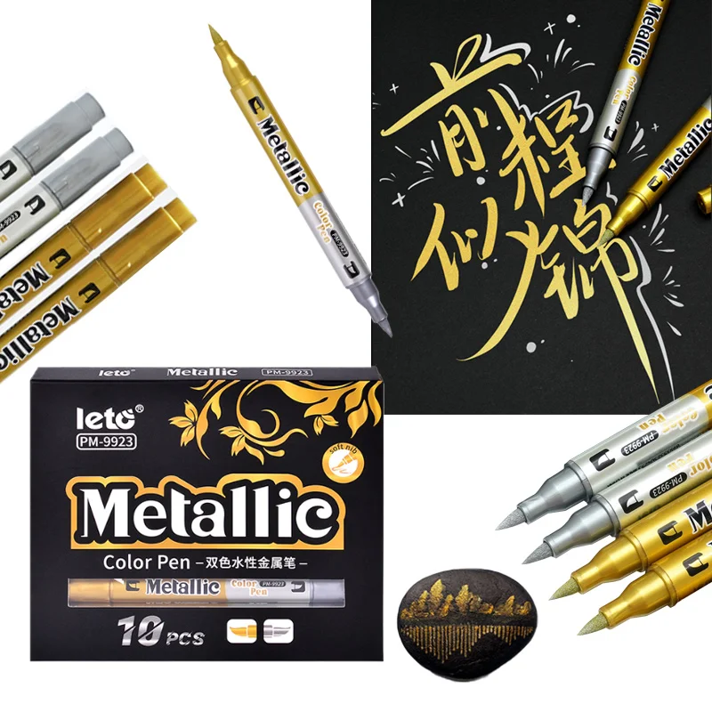 

10pcs Metallic Paint Pen Double Head Two-color Quick-drying Waterproof for Painting Graffiti DIY Decorative Greeting Card