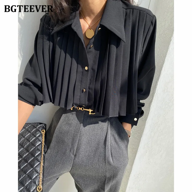 BGTEEVER Elegant Loose Female White Shirts Long Sleeve Lapel Women Pleated Blouses Spring Summer Ladies Tops