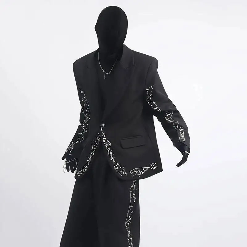 2026 Spring New Men Suit Set Pearl Design Three-dimensional Embroidery Blazer Loose Casual Handsome Trousers NHTY7