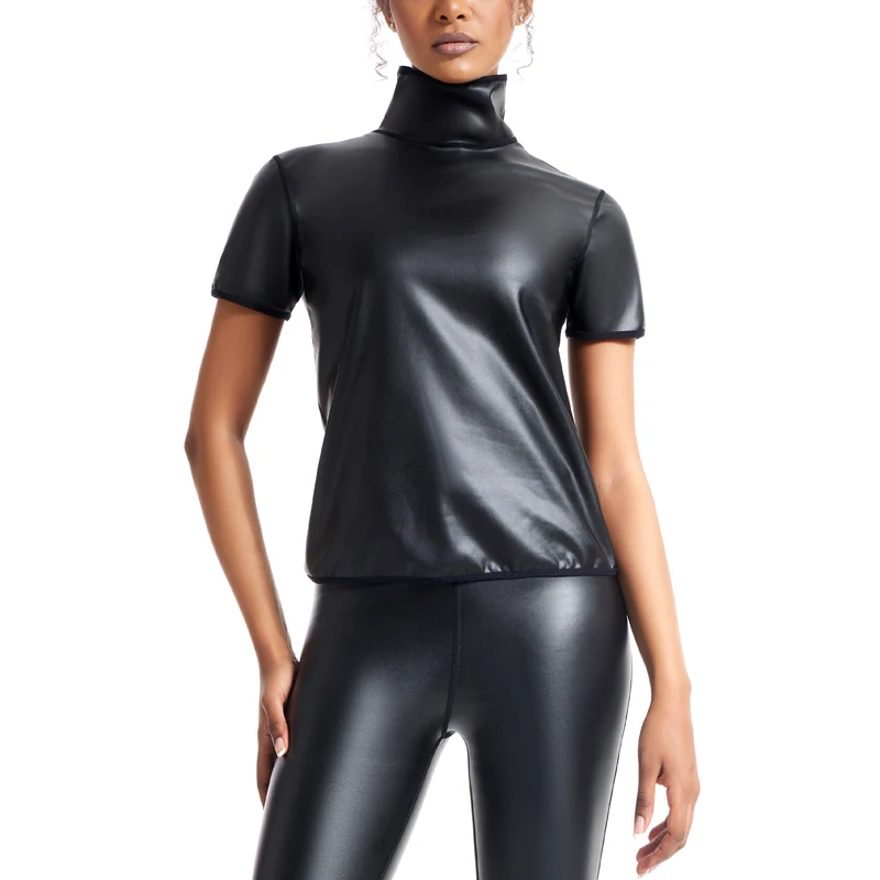 Women Faux Leather Short Sleeve Fitted Tee Shirt Top Body Shaper Waist Trainer Slim Tshirt Fashion High-neck Slim Shapewear tops