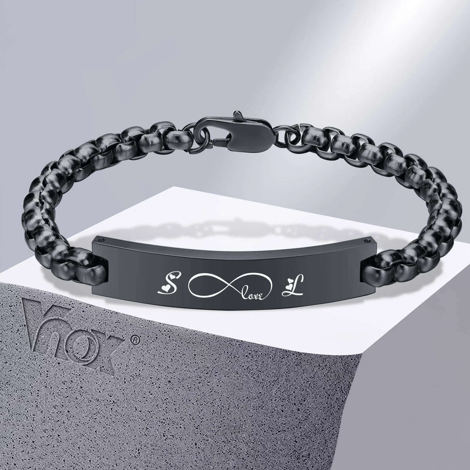 Vnox Free Custom Bracelet for Men, Anti Allergy Stainless Steel Bangle with 6mm Box Chain, Insparational Gift to Dad Son Husband