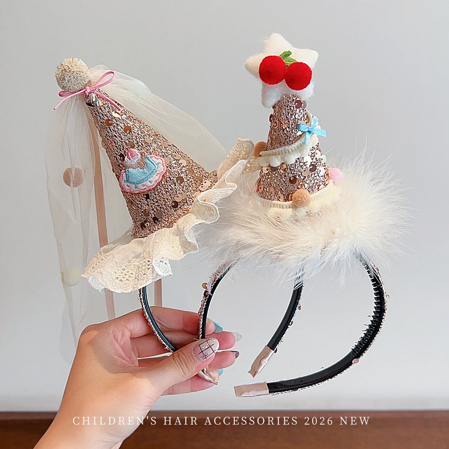Kids Birthday Party Cone Hat Headband Tulle Veil Feather Sequin Bowknot Pearl Decor Hairband Girls Princess Birthday Photo Props
