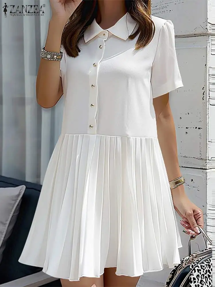 ZANZEA Vintage Lapel Collar Mini Dress 2024 Summer Short Sleeve Shirt Dress Women Buttons Pleated Robe Fashion Office Vestidos