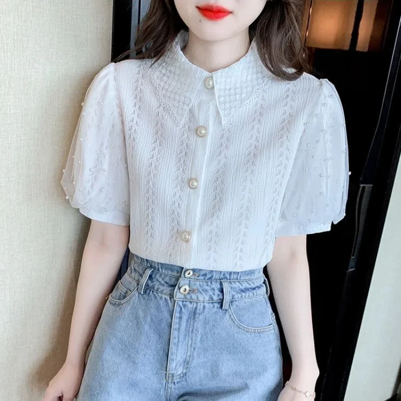 Fashion Korean Pearl Puff Sleeve Blouse Sweet Cute Peter Pan Collar Summer New Chiffon Shirts Top Fashion Elegant Womens Clothes