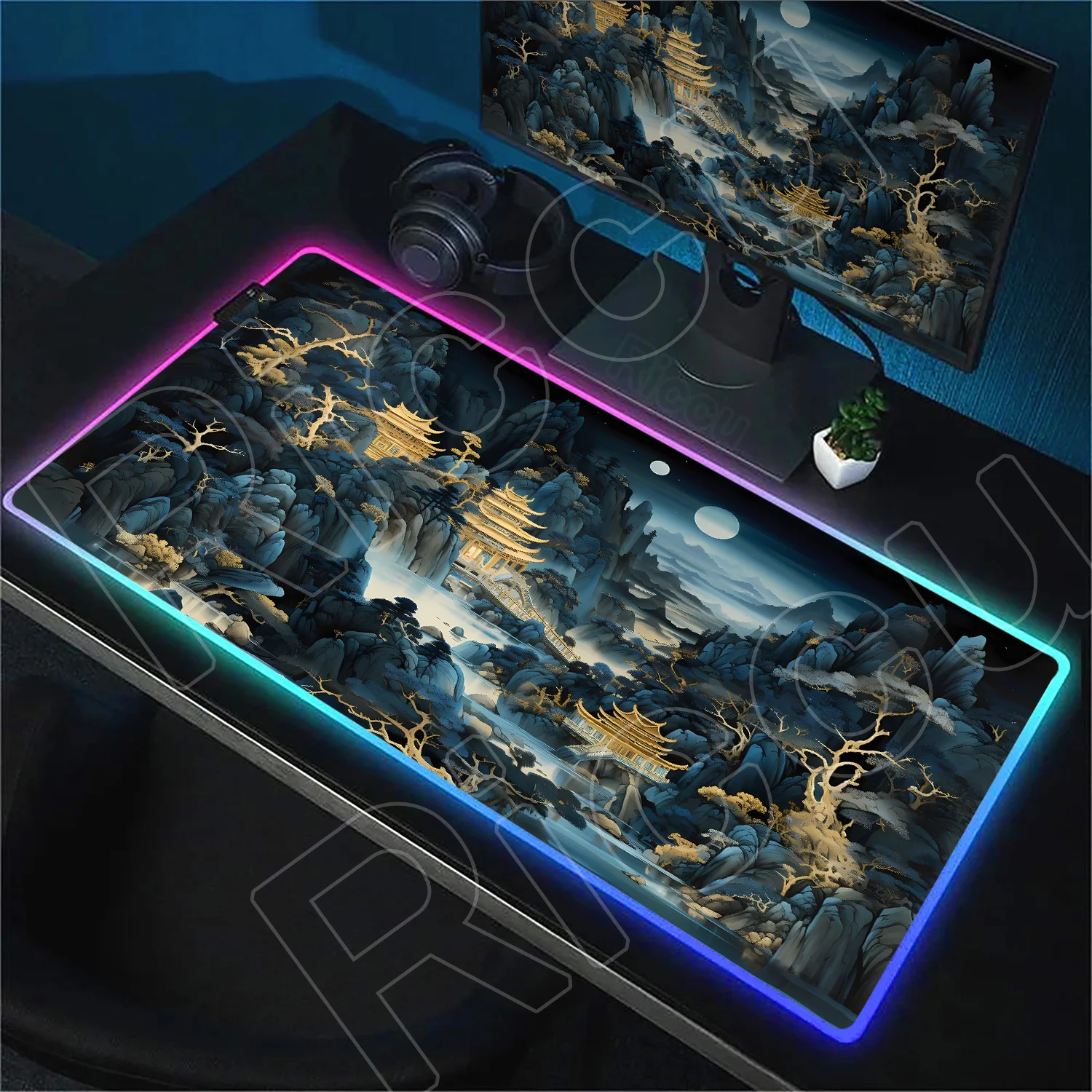 

Night Moonlight RGB Mouse Pad Large Gaming Luminescence LED Mousepad Gamer Speed Table Mat Chianese Style Backlight Keyboard Rug