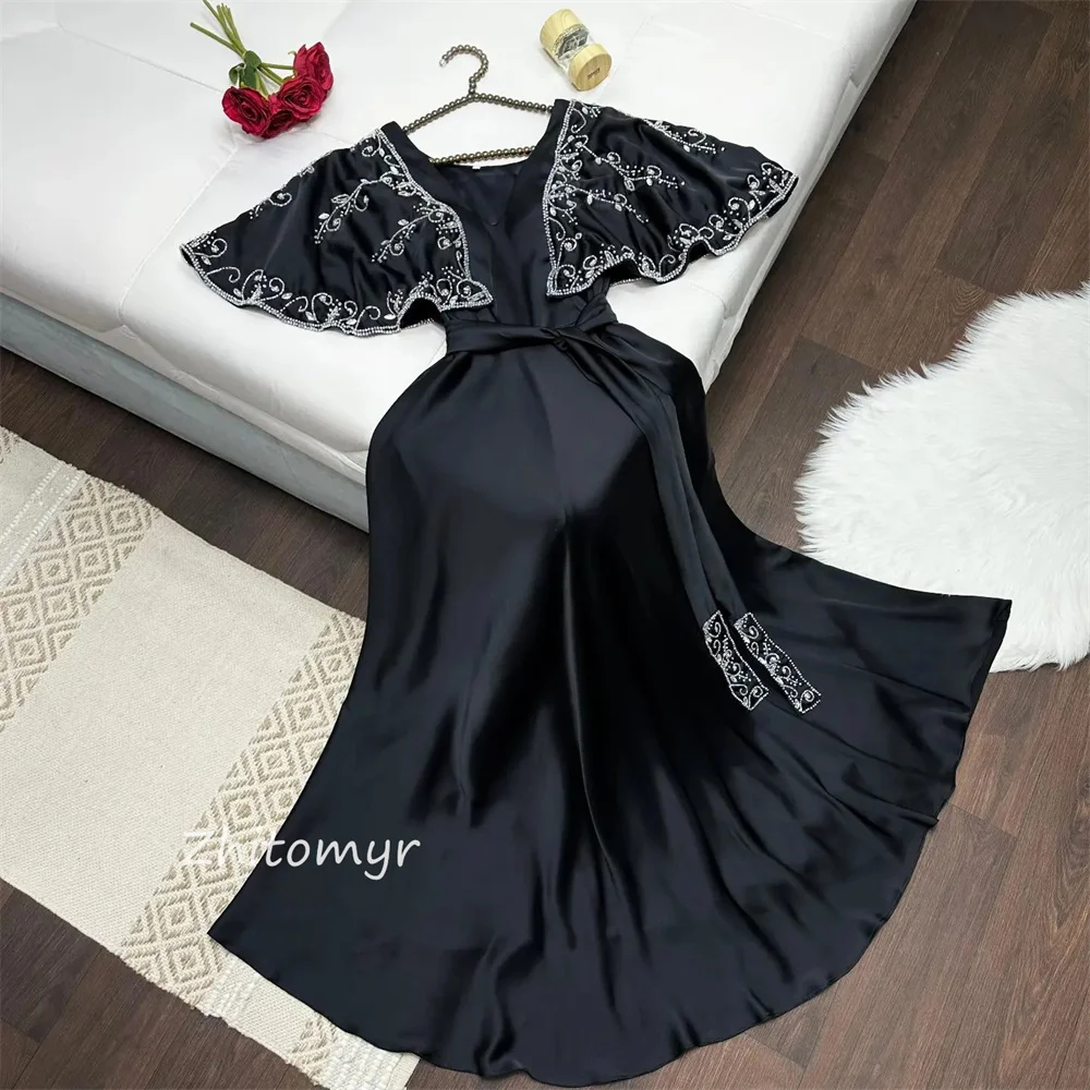 Jiayigong  Mesprit Simple High Quality V-neck A-line Beading Paillette / Sequins Anke Length Charmeuse  Dresses