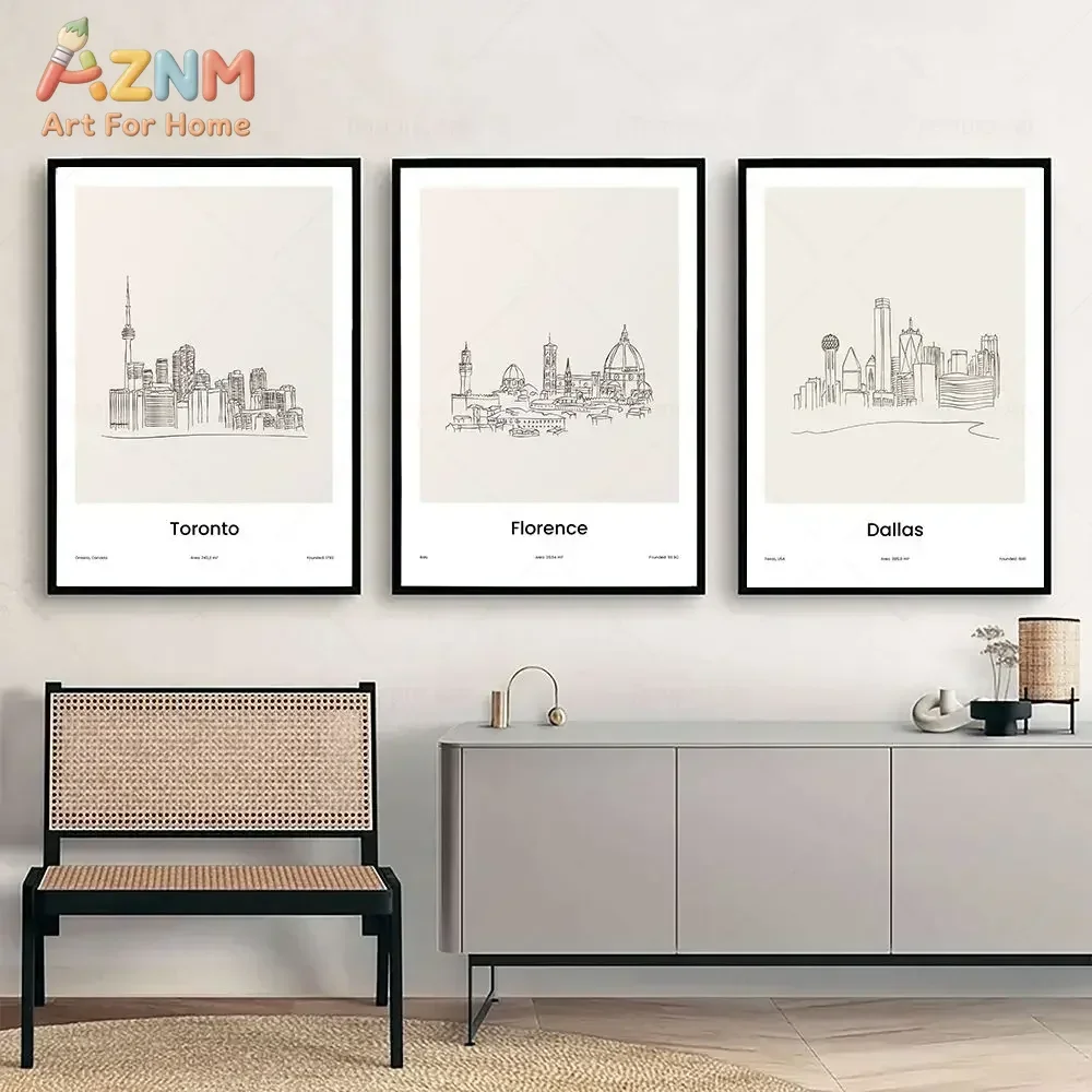 AZNM City Skyline Line Art Canvas Wall Art, Minimalist Toronto Florence Dallas Sketch Print, Unframed Canvas Painting for Office