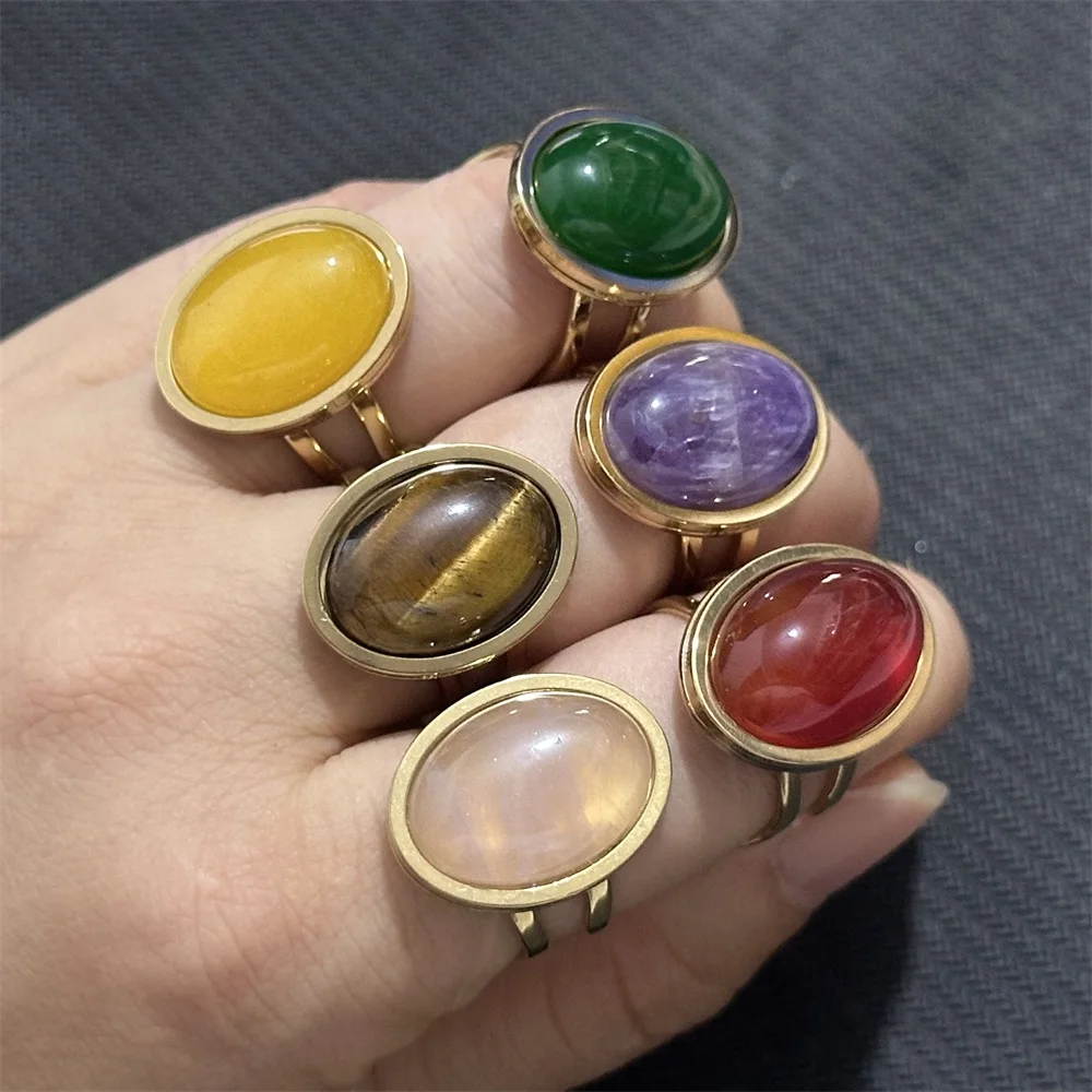 

20pcs Oval Natural Stone Stainless Steel Open Rings amethyst Green Aventurine Agate Open Reiki Healing Crystal Jewelry
