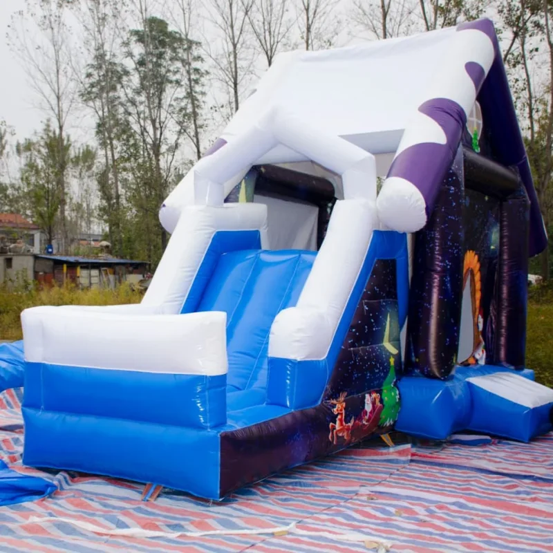 Outdoor Rental Holiday Backyard Blue and purple Inflatable Christmas Snow House Inflatable Castle with Combination Bouncy Slide
