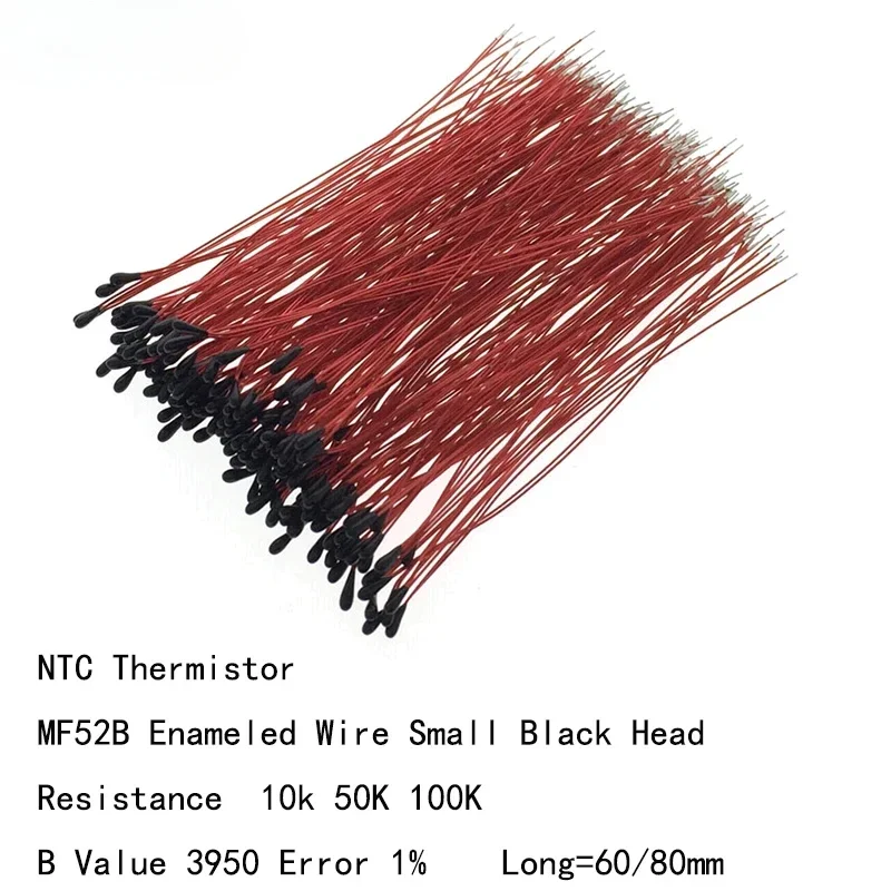 10pcs Temperature Sensor MF52B Enameled Wire Small Black Head Resistance 10k 50K 100K B Value 3950 1% 60/80MM NTC Thermistor