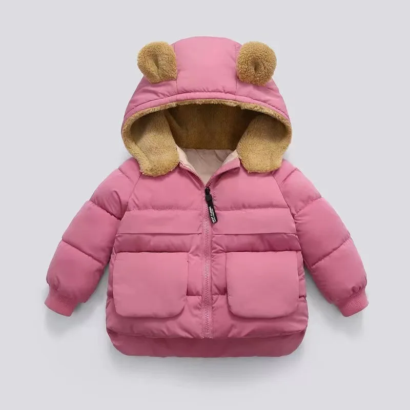 Boys Lamb\'s Wool Thickened Down Cotton Jacket Winter Girls Short Hooded Warm Coat Autumn New Kids Solid Color Casual Outerwear