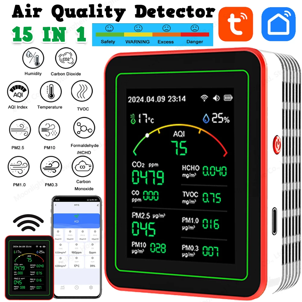 Air Quality Monitor 15 in 1 Indoor CO2 Detector Formaldehyde HCHO TVOC Tester LCD Temperature Humidity Tester Alarm CO2 Meter