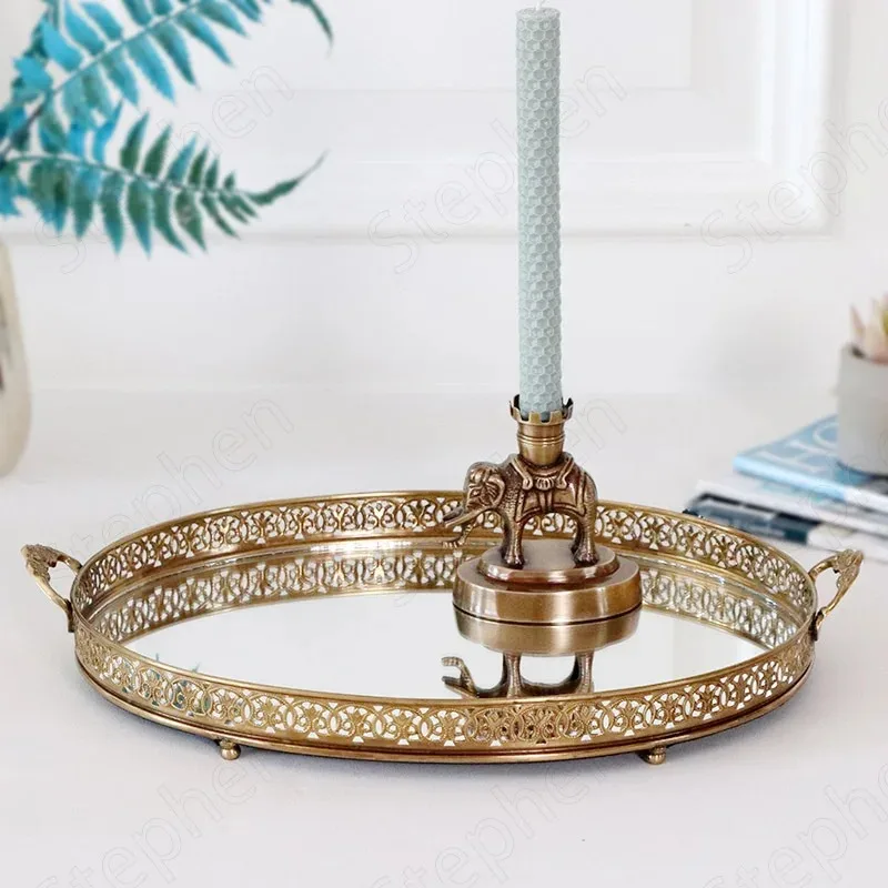 Vintage Brass Mirror Trays Decorative European Relief Craft Jewelry Necklace Display Tray Fruit Plate Living Room Decoration