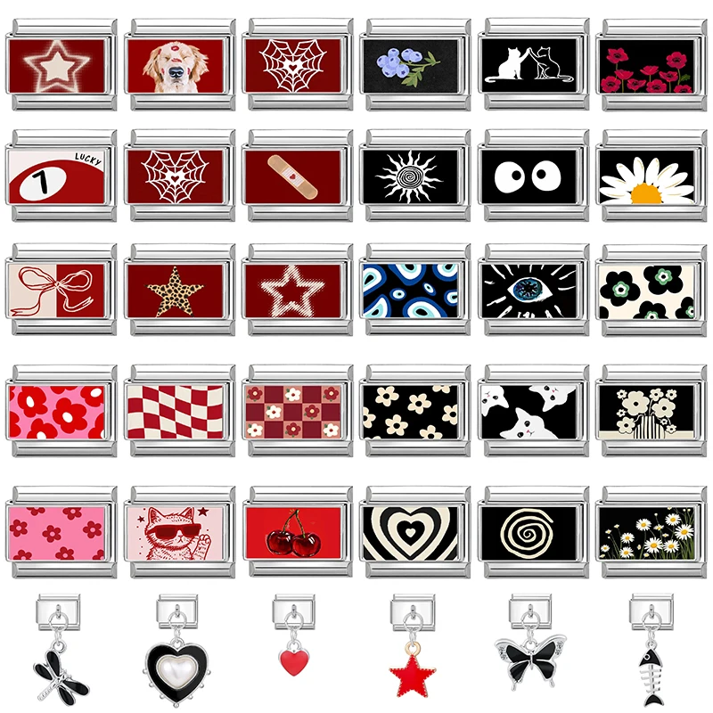 Moda personalizada diy preto cor vermelha italiano charme pulseira olhos gato listras coração grânulo 9mm pulseira jóias de aço inoxidável