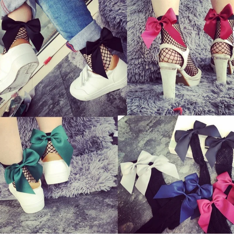 Sexy Big Bow Grid Fishnet Socks Women European Style Hollow Mesh Mid-Calf Short Hosiery Soft Net Socks Streetwear Matching Look