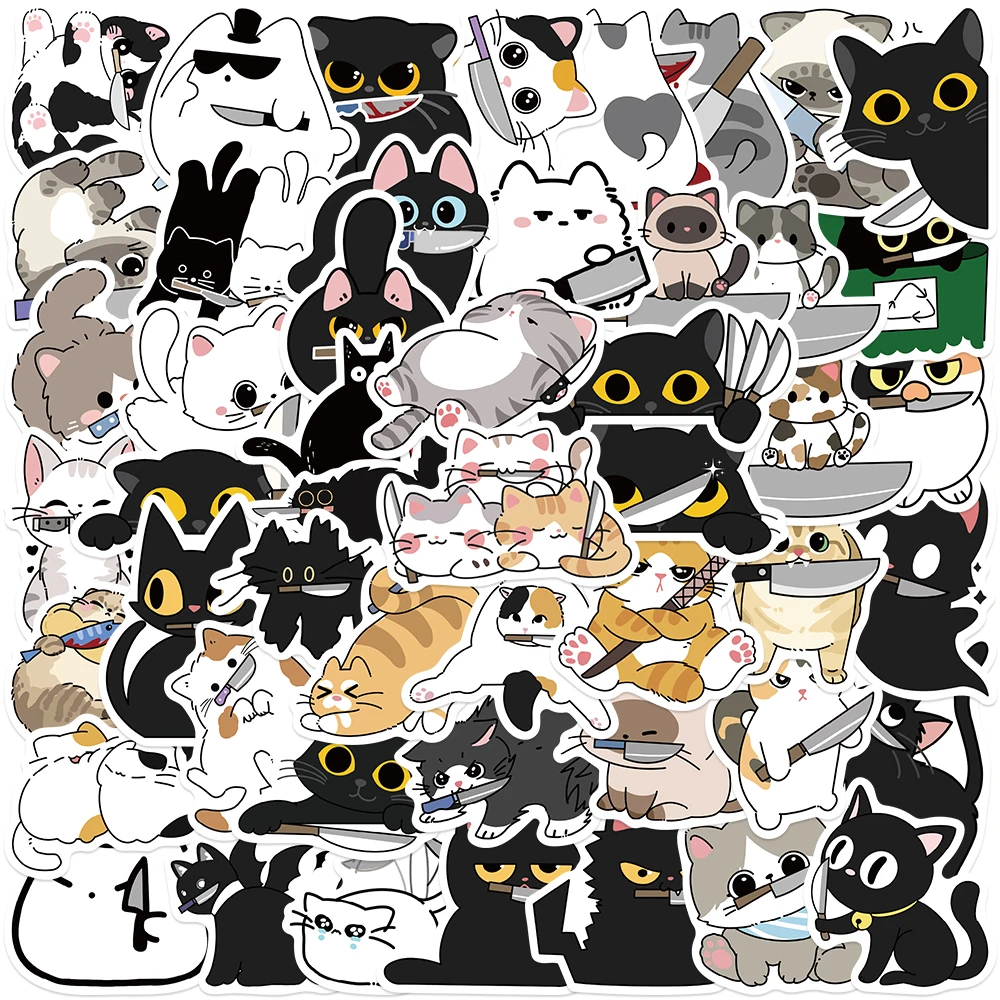 50 stks Cartoon Leuke Kat Met Mes Stickers Decals Voor Telefoon Plakboek Koffer Skateboard Gitaar DIY Graffiti Esthetische Stickers