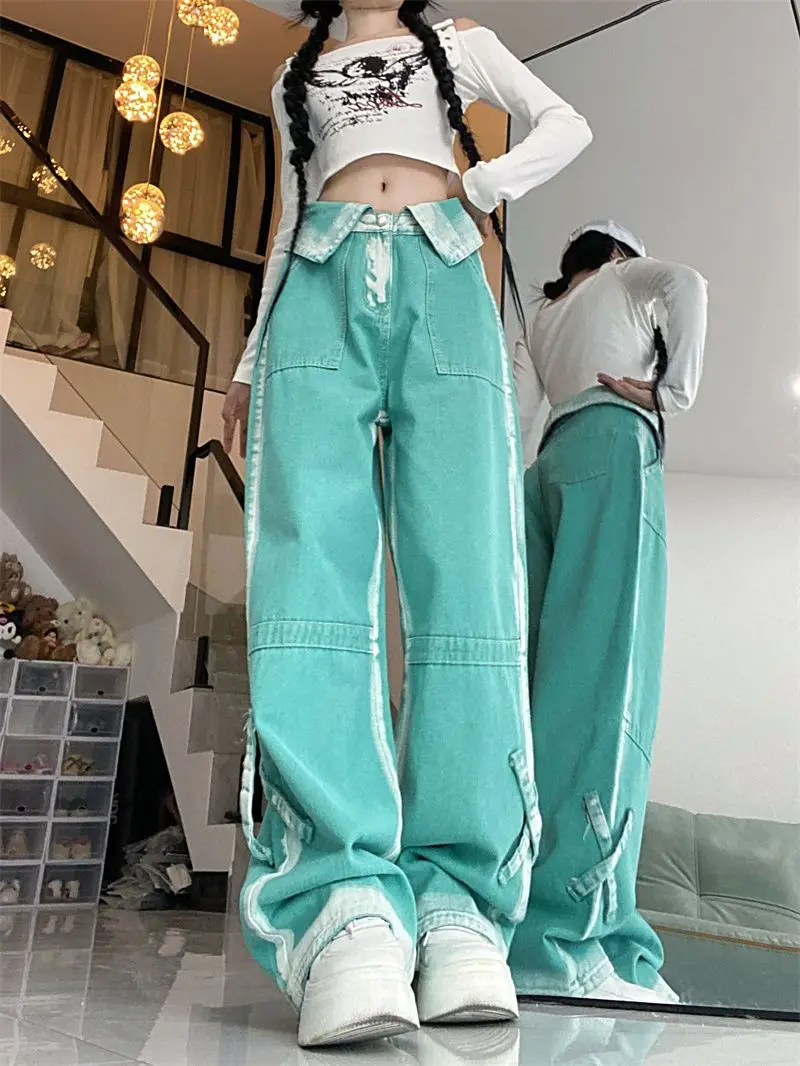 Onregelmatige Meer Blauwe Hoge Taille Jeans Dames Rechte Pijpen Baggy Broek Vrouwen Oversized Patchwork Losse Kwaliteit Broek Nieuw