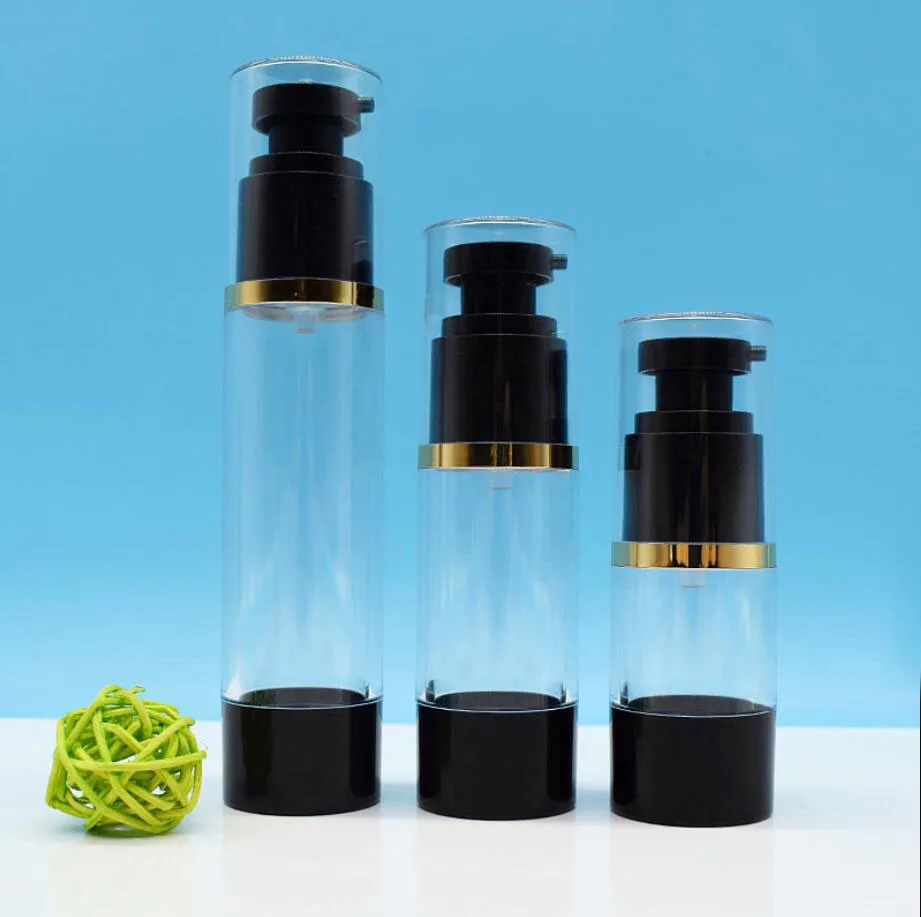 15ml round head clear plastic black airless bottle gold line eye essence serum/lotion/emulsion liquid foundation packing