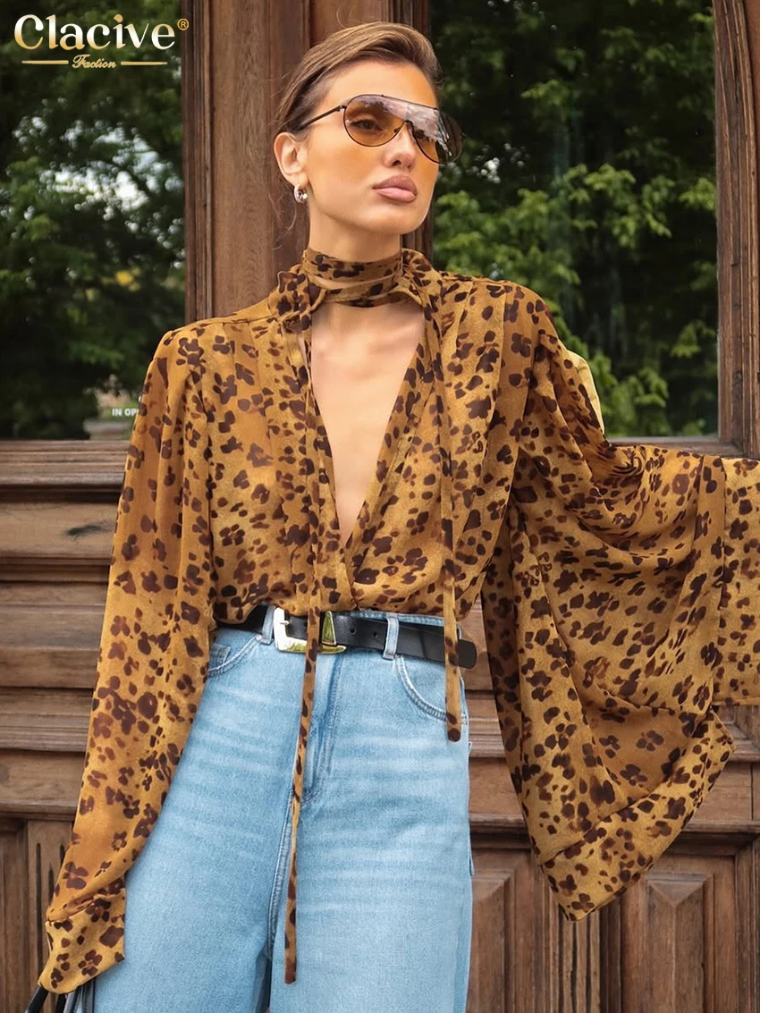 

Clacive Fashion Loose Print Women's Shirt 2025 Sexy Deep V-Neck Long Sleeve Shirts Elegant Classic Lace-Up Top Female Clothing