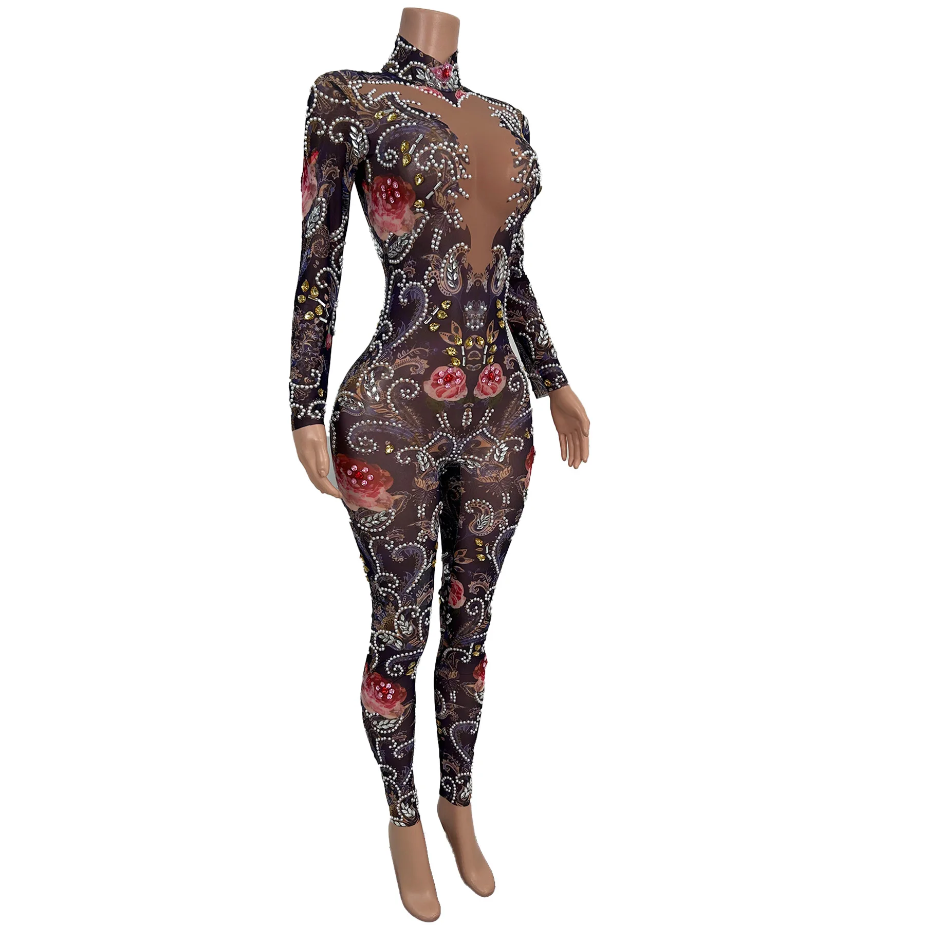 High-end Pearls Rose Printing Mesh Outfit Club Celebrate Party Dance Tight Fitting Jumpsuit Stage Drag Queen Show Wear Meiguiku